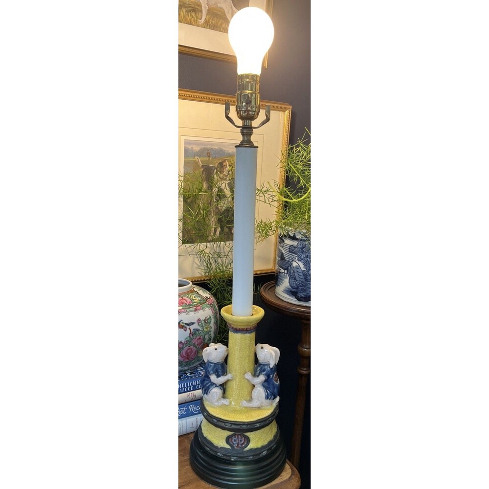 Blackburn Gallery Lamp Crackled Glaze Rabbits Asian Yellow Blue Grand Millennial